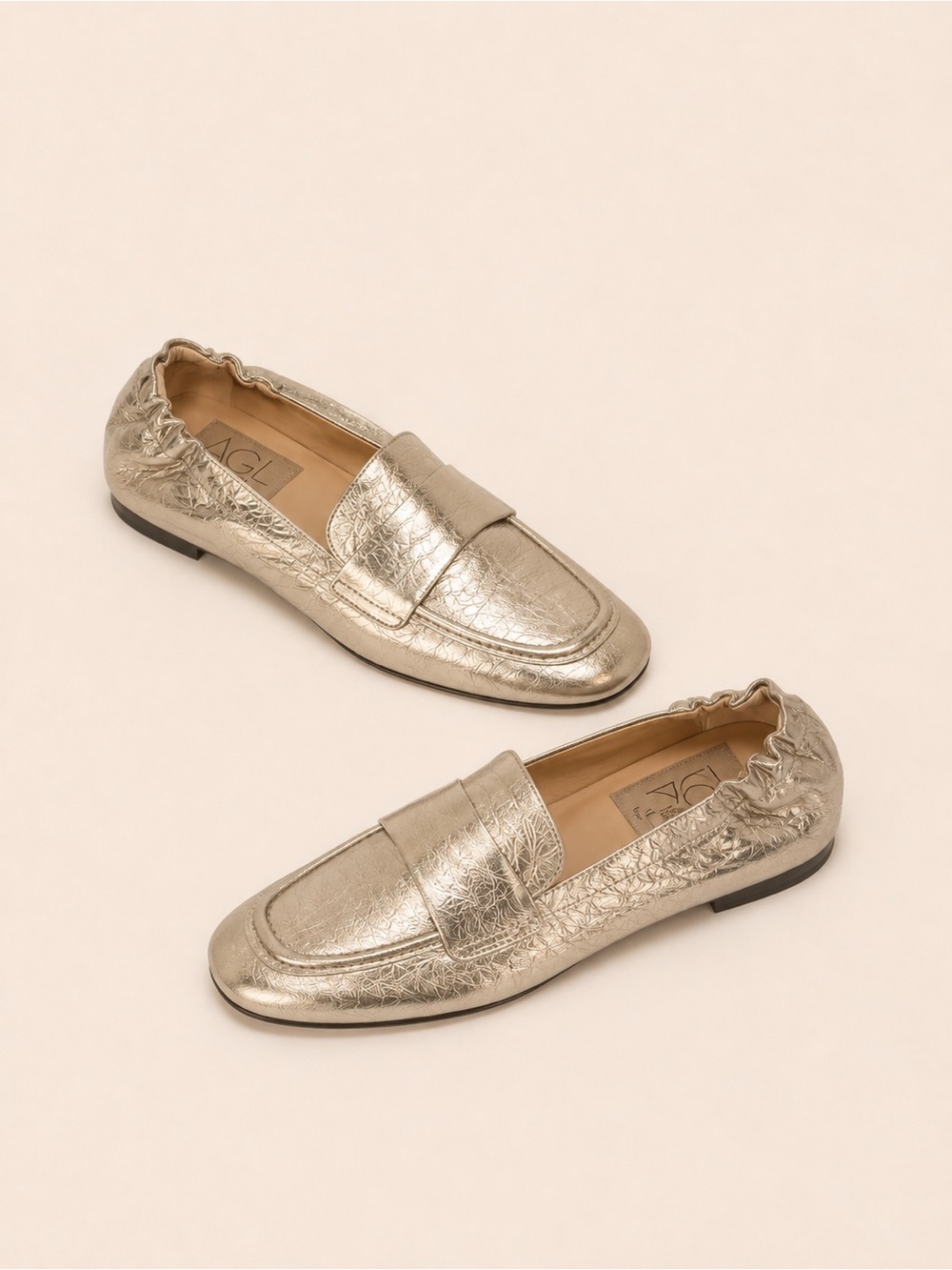 AGL Mara Pure Platinum Leather Loafers Moccasins EU 39.5 US 9 Metallic Flats